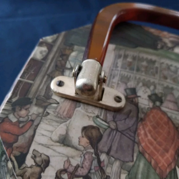 Vintage Victorian Decoupage Lucite Wood Tone Handle Trinket Box Handbag Purse - Picture 12 of 15
